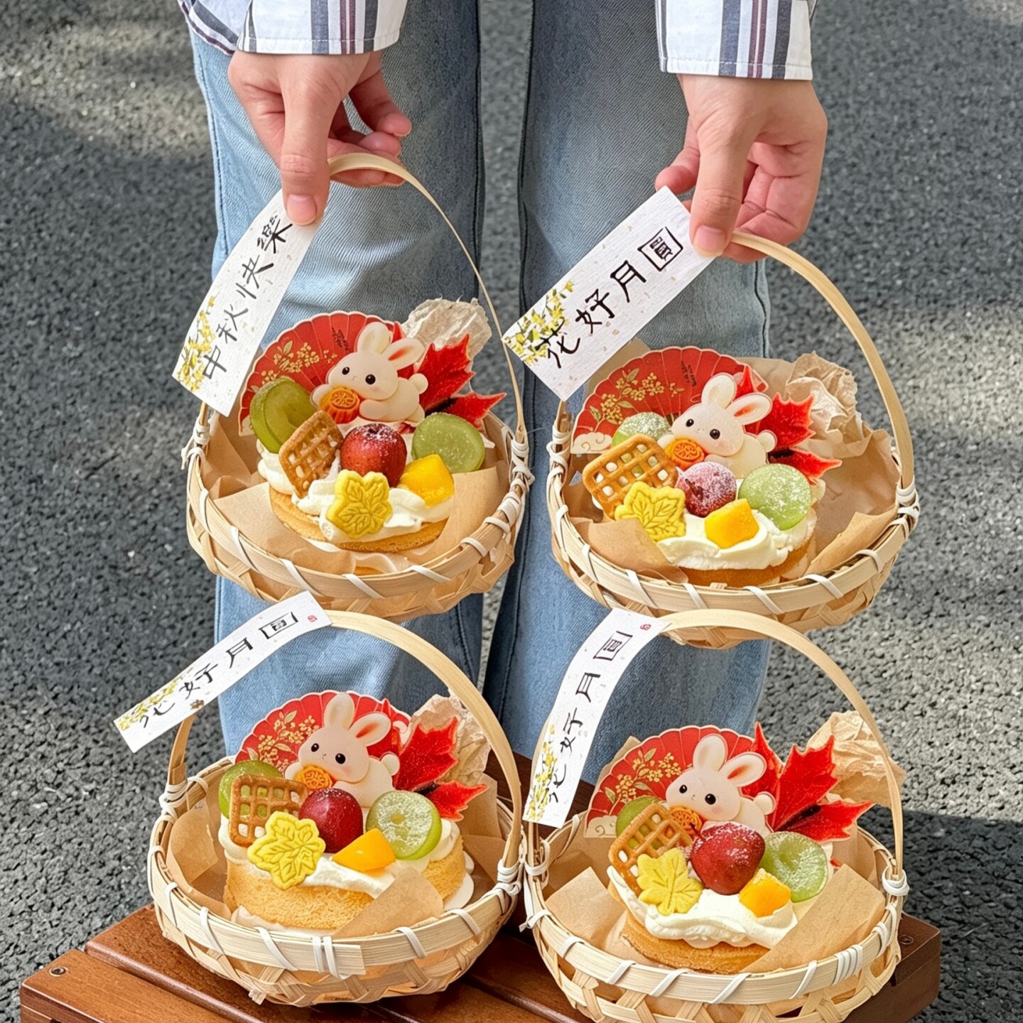 2026中秋节手提小竹篮蛋糕装饰月饼兔枫叶亚克力插件中秋扇子配件