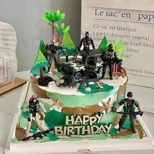 扮 网红军事部队特种兵士兵直升飞机坦克蛋糕装 饰儿童生日甜品台装