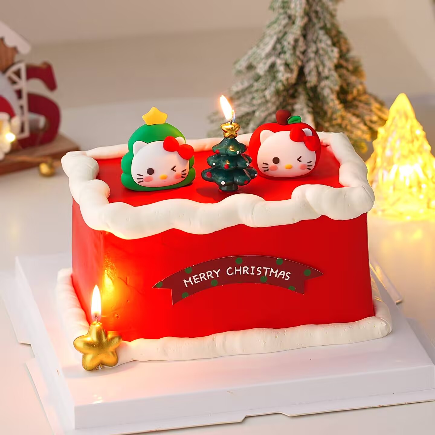 网红圣诞节蛋糕装饰KT猫摆件苹果圣诞树kitty五角星蜡烛插件配件