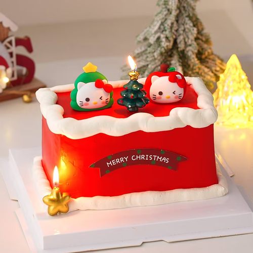 网红圣诞节蛋糕装饰KT猫摆件苹果圣诞树kitty五角星蜡烛插件配件