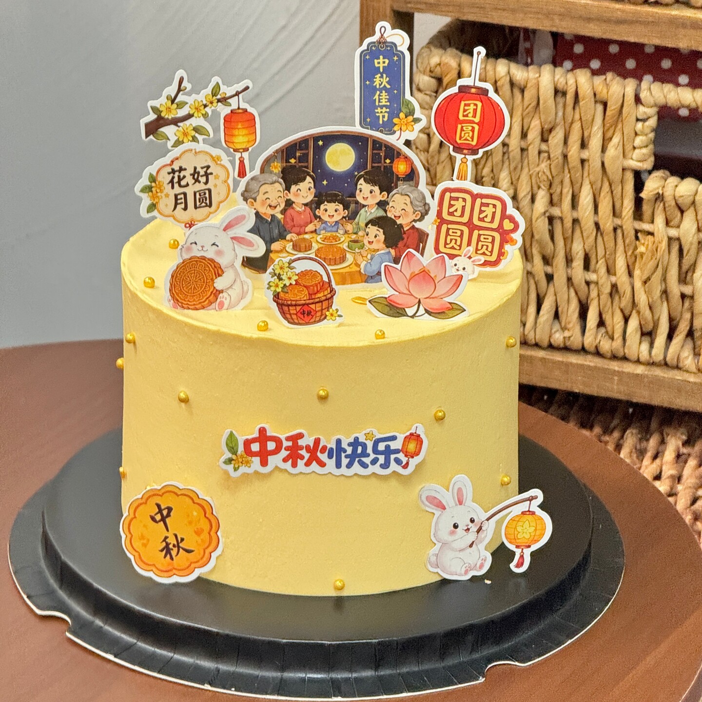 2026中秋节蛋糕装饰月饼玉兔赏月中秋佳节八月十五节日烘焙装扮