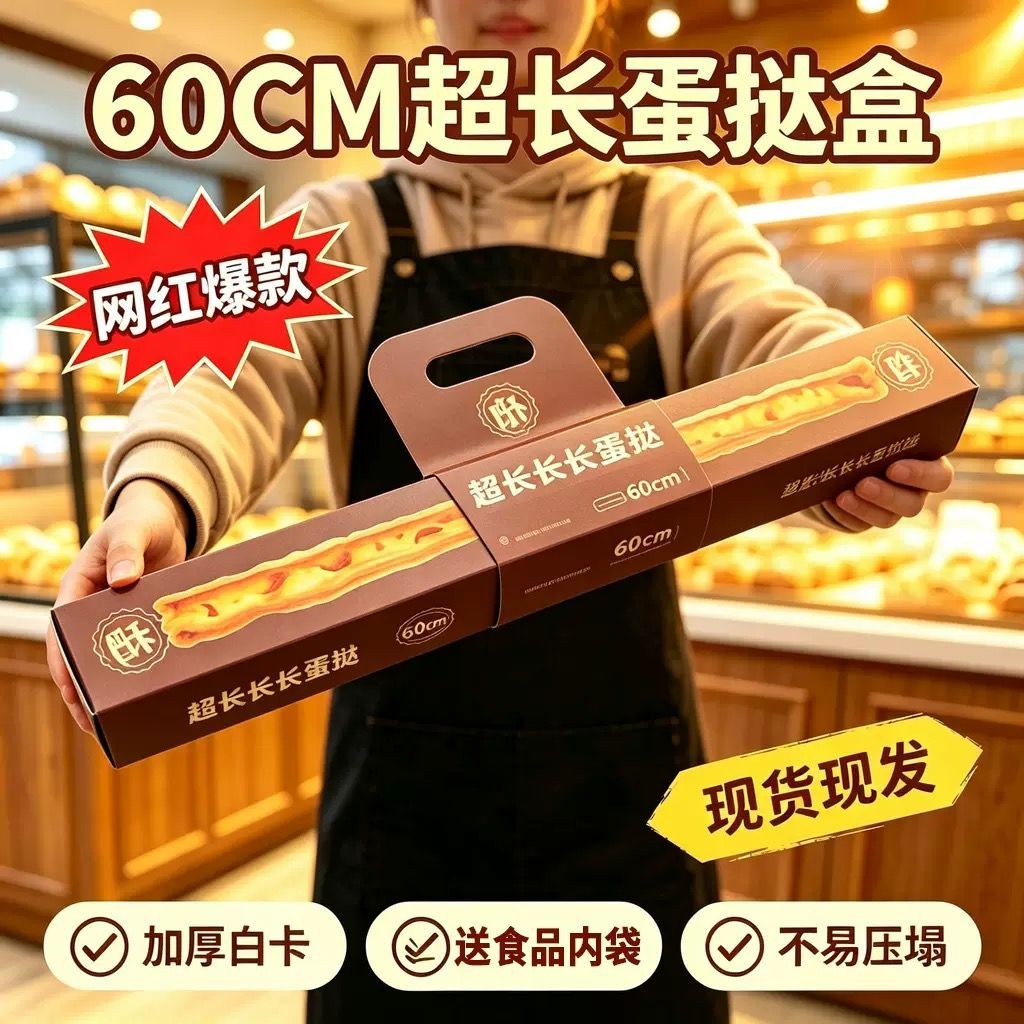 网红60cm超长蛋挞手提式打包盒蛋糕装饰甜品烘焙一次性打包纸盒