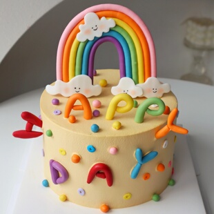 网红云朵彩虹蛋糕装饰摆件彩色多巴胺儿童生日快乐字母装扮插件