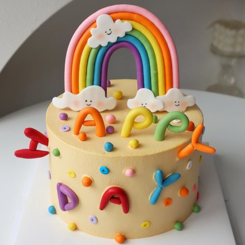 网红云朵彩虹蛋糕装饰摆件彩色多巴胺儿童生日快乐字母装扮插件