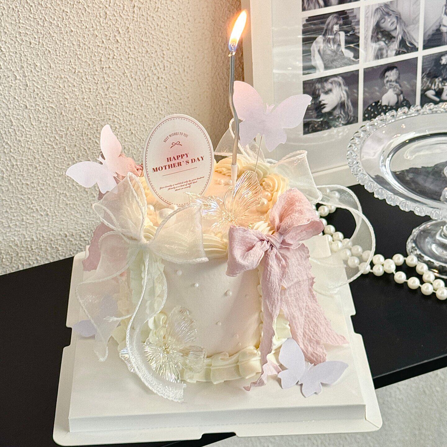 唯美母亲节快乐椭圆卡片蛋糕装饰插牌蝴蝶结丝带烘焙妈妈节日装扮