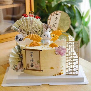 新中式国风兔子蛋糕装饰摆件扇子木质古风生日甜品台装扮配件插件