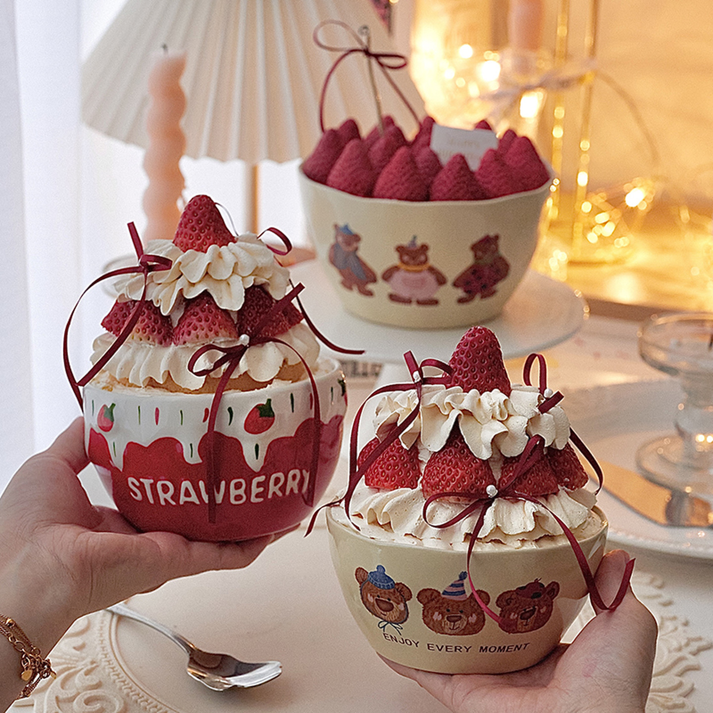 佳妍网红新年圣诞节韩国ins风草莓蛋糕三只小熊陶瓷碗创意甜品盆