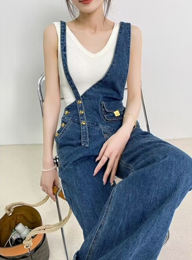 不对称小腰包牛仔背带裤女春秋2026新款小个子金属扣百搭直筒长裤