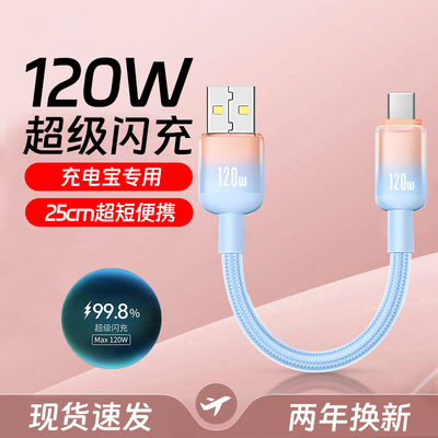 艾胜者短款25cm手机充电宝数据线Type-C超级闪充120W充电短线适用华为小米VIVOPPO荣耀苹果16/17迷你便携随身