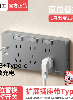 国际电工拓展插座86型固定原位替换面板分控开关带USB+Type-C快充