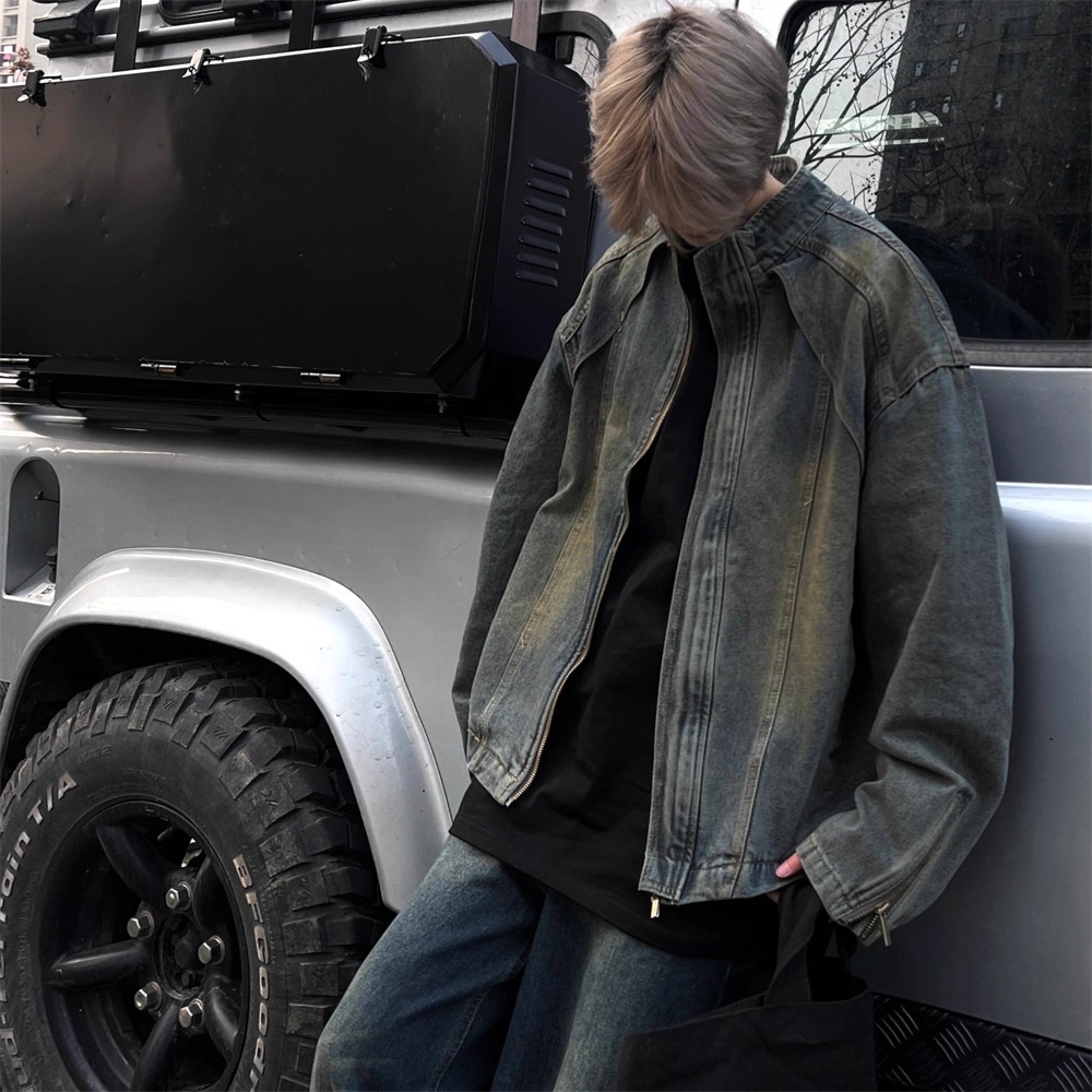 水洗做旧黄泥染立领牛仔夹克男