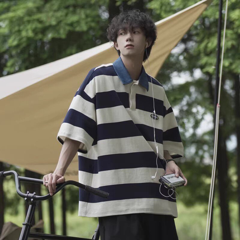 日系cityboy条纹翻领短袖t恤男