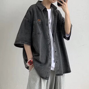 短袖牛仔衬衫男美式潮牌宽松慵懒风情侣半袖衬衣夏季潮流痞帅外套