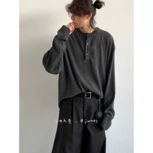 日系复古纯色肌理感亨利领长袖T恤男女BF老钱中性风Polo衫上衣潮