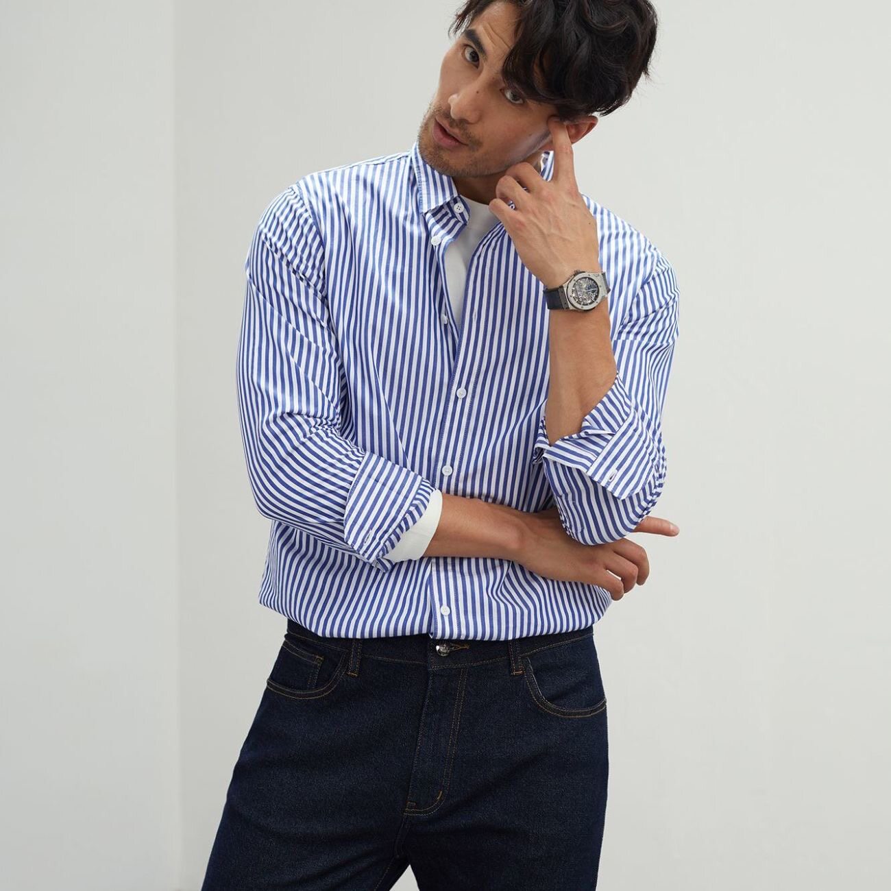 复古韩系蓝白条纹衬衫男士宽松竖条纹美式休闲百搭衬衣外套高级感