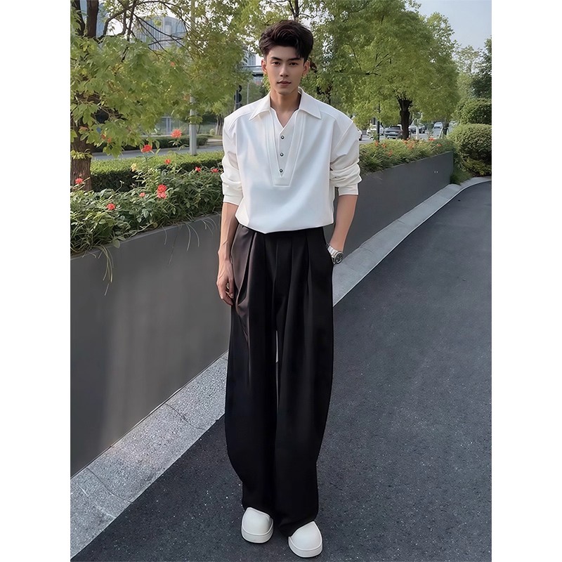 假两件V领长袖衬衫西裤两件套装