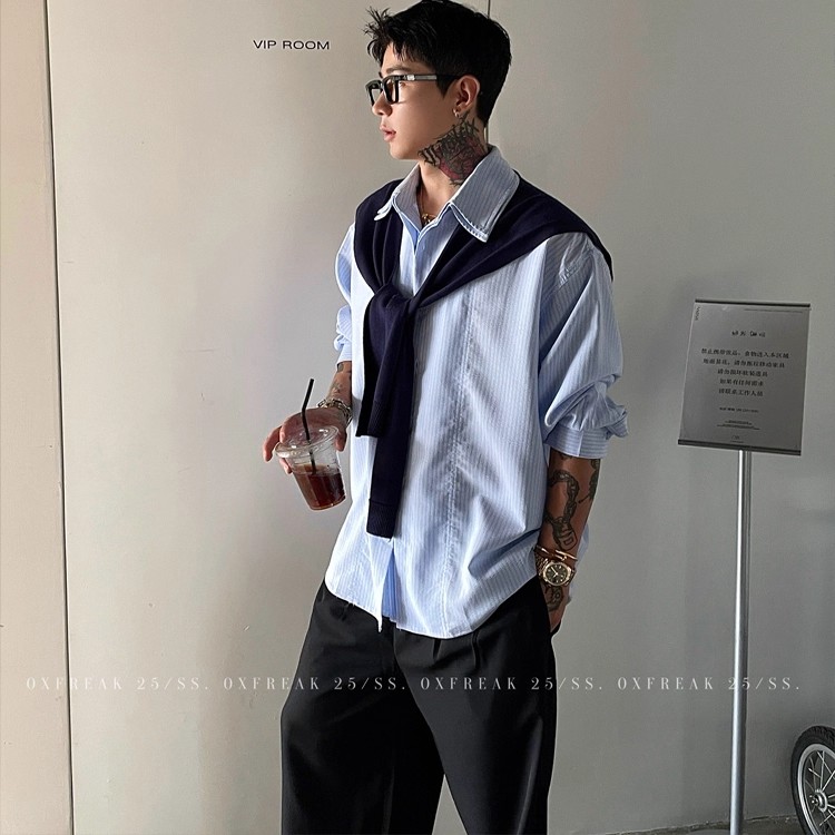 韩细简约可拆卸披肩条纹长袖衬衫