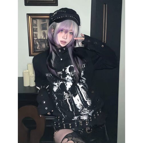 y2k亚文化魔王古堡印花长袖卫衣