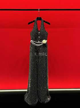 【L.K.BABY】法式名媛高定轻奢珠光亮片挂脖气质连体裤