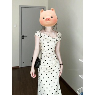 夏季开春流行法式白色波点立体花朵连衣裙捏褶收腰显瘦气质长裙子