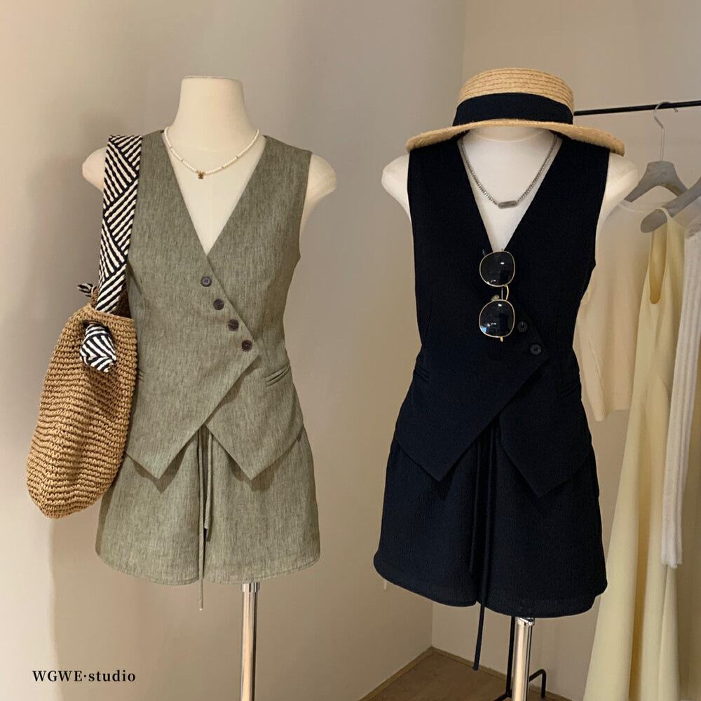 WGWE 法式简约大气通勤两件套时尚设计感马甲+短裤套装女W5476