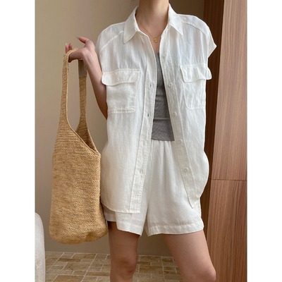 司南 简约轻氧 天丝亚麻法式慵懒风无袖衬衫短裤两件套装 SN6819