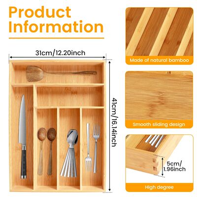 New Kitchen Drawer Cutlery Organizer 5/6 Compartments Bamboo