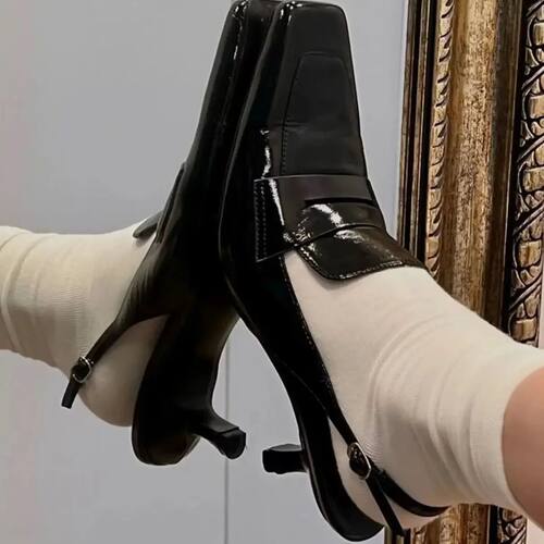 Kitten Heel Slippers Slim Heels Square Toe High Heels Shoes