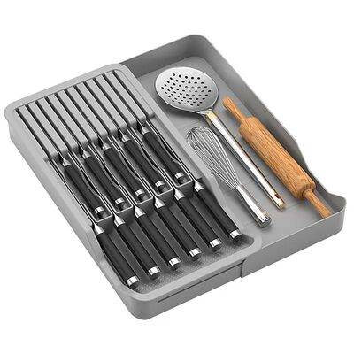 Knife Block Holder with Expandable Organizer Storage Tray fo