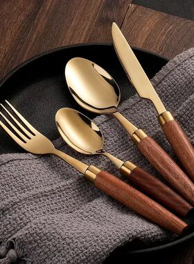 4pcs Wooden Handle Cutlery Set Stainless Steel Knife Fork Sp