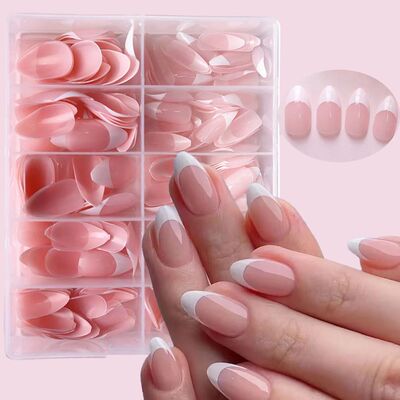 360Pcs/box Glossy Soft Gel Pink French Nail Tips Medium Almo