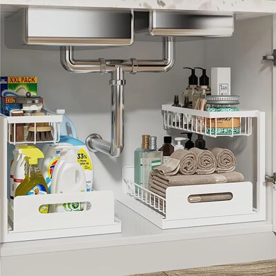 2-Tier Sliding Under Sink Organizer - Rustproof Metal Storag