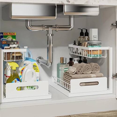 2-Tier Sliding Under Sink Organizer - Rustproof Metal Storag