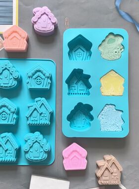 6-cavity Christmas house shaped soap candle silicone mold su