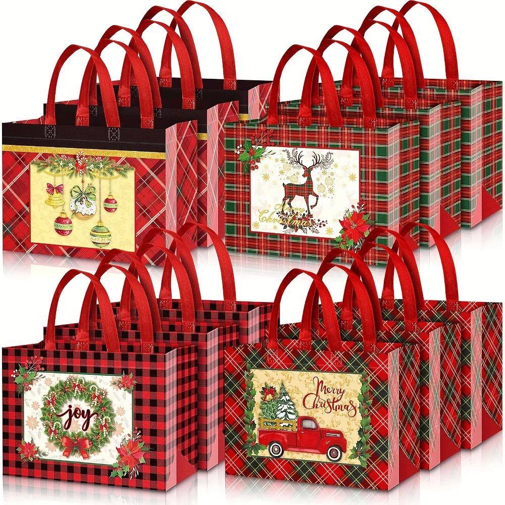 8/12/16/24pcs Christmas Plaid Large Tote Bag With Handle Reu