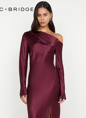 BECBRIDGE SIENA 斜肩长袖优雅修身开衩长款连衣裙 S25-12756