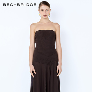 BECBRIDGE EVA抹胸拼接褶皱网纱不对称毛边下摆连衣裙 A26-13377