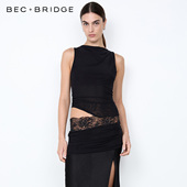 BECBRIDGE 13187 H25 RITA 黑色露腰蕾丝不对称拼接开衩连衣裙