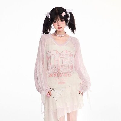 cuwu少女运动球衣风防晒罩衫女秋季薄款甜美蝴蝶结绑带v领上衣女