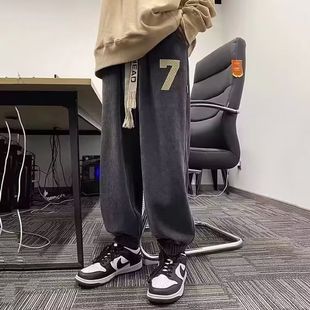 美式复古裤子男款秋冬季加绒休闲长裤潮牌阔腿灯笼裤束脚运动卫裤