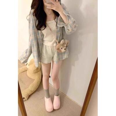 蓝色格子衬衫女夏季慵懒风休闲遮肉衬衣宽松薄款防晒开衫长袖上衣