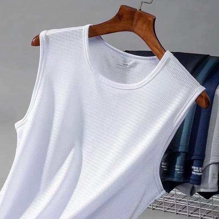 男士背心网眼打底汗衫纯色宽肩背心男式夏天冰丝运动跨栏白潮批发