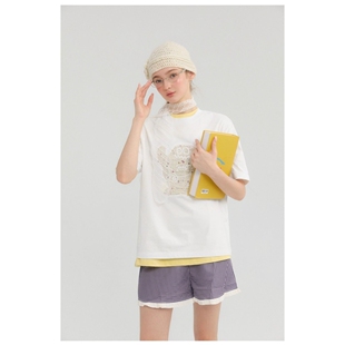 二本针小香风刺绣内里铺布19支230克短袖 T恤