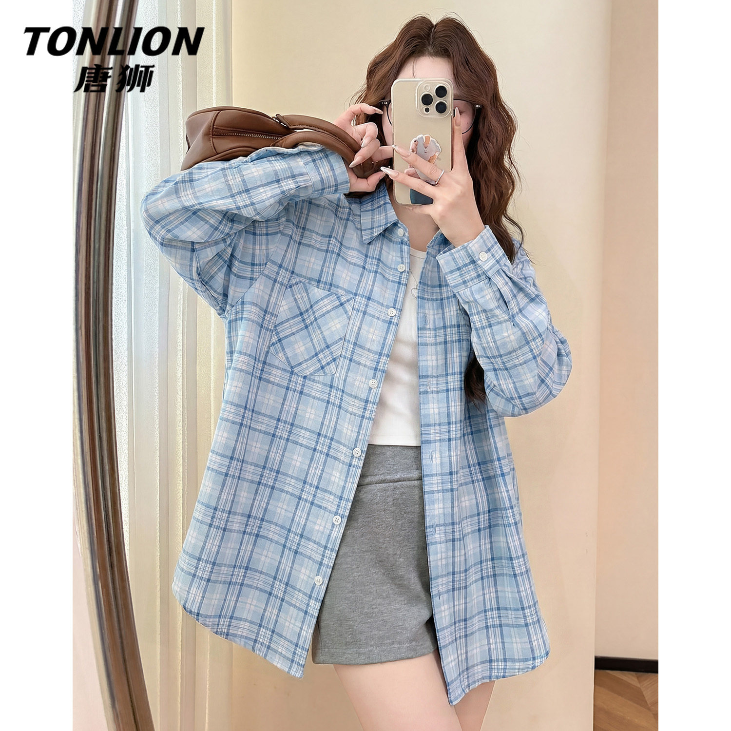 唐狮官方蓝色美式复古格子衬衫女2026新款春秋款撞色衬衣上衣女V