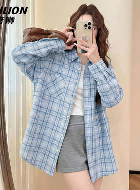 唐狮官方蓝色美式复古格子衬衫女2026新款春秋款撞色衬衣上衣女VB