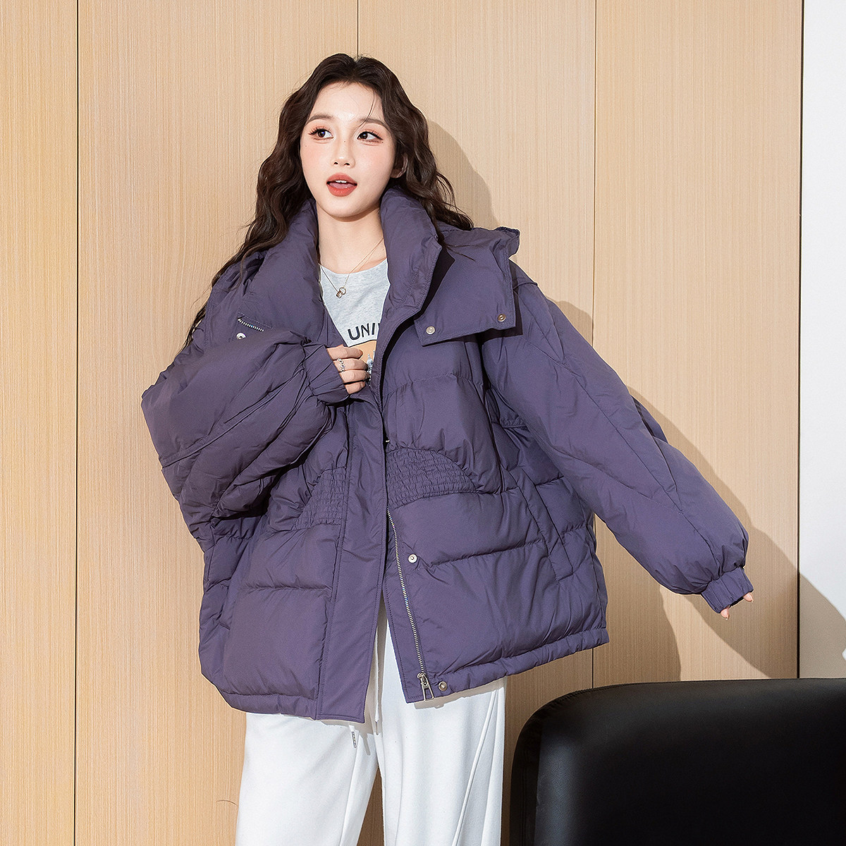 唐狮官方甜美短款羽绒服女新款冬季粉色连帽面包服设计感小众cqtu