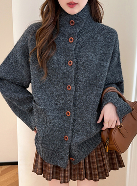 唐狮秋冬毛衣外套女慵懒风复古深灰色针织开衫春秋高级感上衣TM