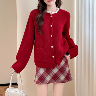 外套红色系显白毛线衫 唐狮秋冬季 女毛衣氛围感名媛风圆领开衫