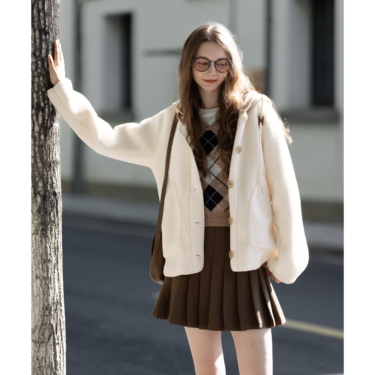 唐狮新款春季假两件针织帽仿羊羔毛厚外套女休闲百搭连帽潮VTUTA