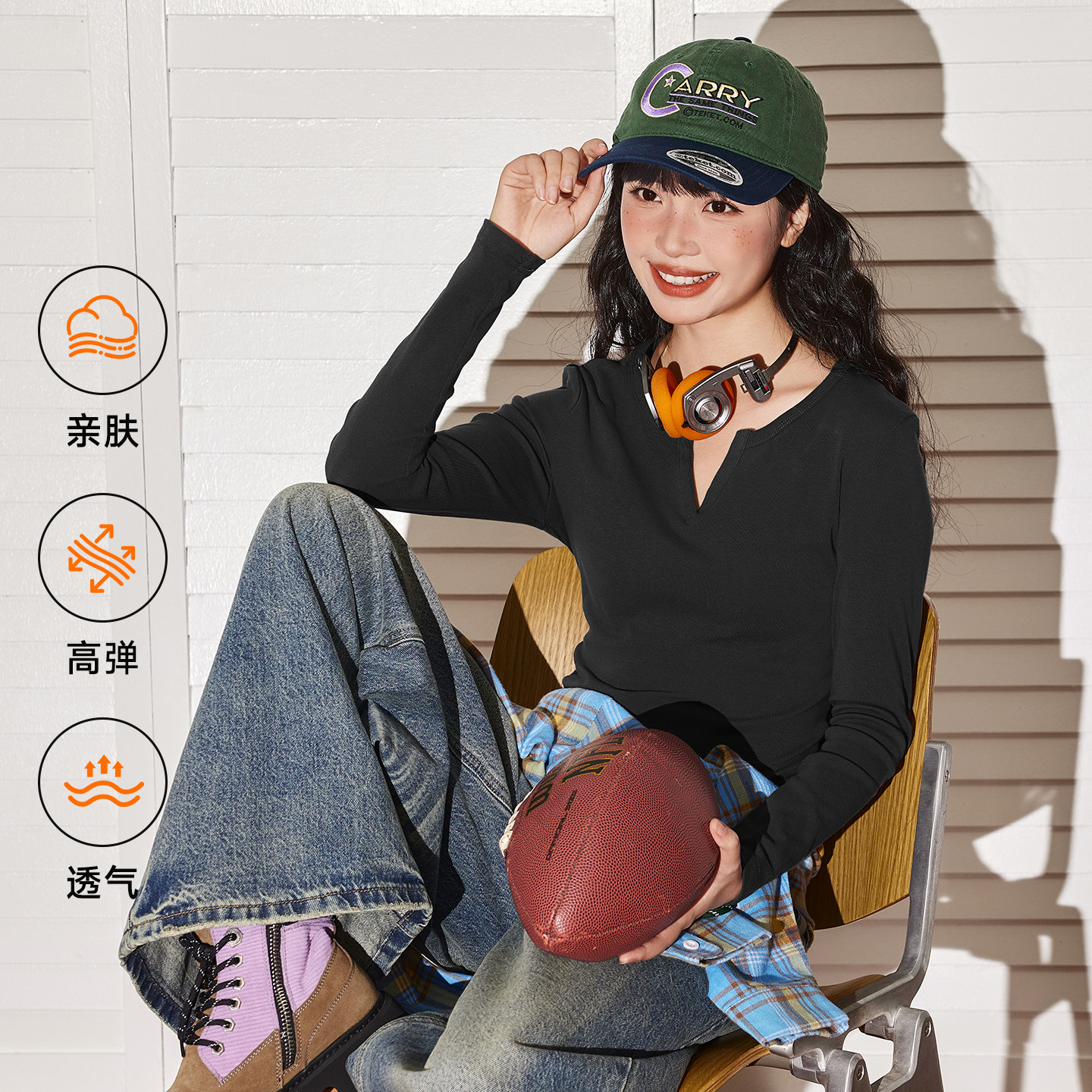 唐狮黑色长袖短款上衣女秋款2025小v领气质百搭单穿内搭修身t恤